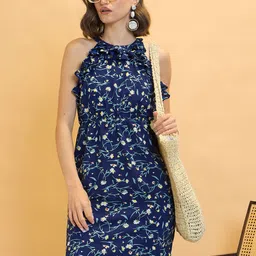 CORSICA Floral Print Halter Neck Ruffled Detail Mini Shift Dress-image-43