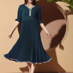 OTABU Women V-Neck Puff Sleeve Smoked Fit and Flare Midi Dress-image-99