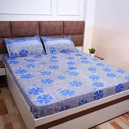 Adwitiya Collection Blue Floral 210 TC Flat Queen Bedsheet with 2 Pillow Covers-picture-35