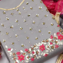 Ishin Floral Embroidered Sequinned Unstitched Dress Material image 2