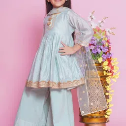 Little Bansi Girls Geometric Self Design Sequinned Pure Silk Kurta With Palazzos & Dupatta image 5
