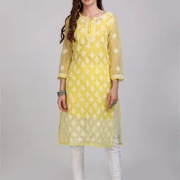 KHAKA Chikankari Embroidered Notch Neck Chiffon Kurta-picture-25