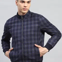 Monte Carlo Men Checked Mock Collar Long Sleeves Zipped Open Front Winter Jacket-image-1