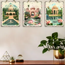 ArtVibes Green & Beige 3 Pieces Mughal Printed Wooden Wall Hanging Decors-image-22