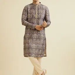 Manyavar Floral Printed Thread Work Mandarin Collar Straight Kurta With Pyjama image 1