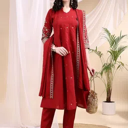 BEYOND ETHNIC Women Ethnic Motifs Embroidered Pure Cotton Kurta with Trousers & Dupatta image 3