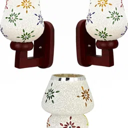 SOMIL White & Green 3 Pieces Textured Bell Shaped Wooden Wall & Table Lamps-picture-12