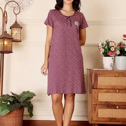 Bodycare Women Polka Dots Printed Pure Cotton T-shirt Nightdress-picture-10