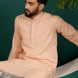 Armaan Ethnic Mandarin Collar Striped Block Print Cotton Kurta image 5