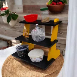 hafsa handicrafts Fruits/Vegetables Kitchen Rack Foldable 3-Tier Spice Rack | Black & Yellow Wooden Shel Wood image 3