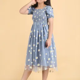 STARWORD Girls Floral Printed Puff Sleeve Net Fit & Flare Midi Dress image 5