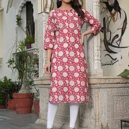 SAK JAIPUR Floral Printed Keyhole Neck Pure Cotton Straight Kurta-picture-38