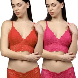 samvar Women Red,Pink Net Bra Panty Set for Lingerie Set Undergarments Pack of 2-picture-39