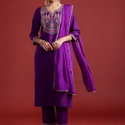 Indo Era Women Ethnic Motifs Embroidered Regular Thread Work Liva Kurta with Trousers & With Dupatta image 4