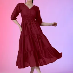 Krunal Raiyani Women Puff Sleeves Crepe Fit & Flare Midi Dress-picture-19