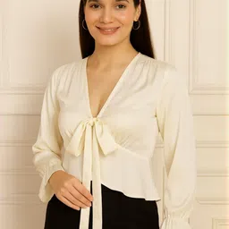 Slenor Women Satin Bell Sleeves Tie-Up Empire Top-image-89