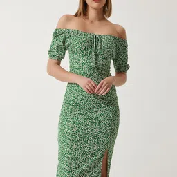 Happiness istanbul Embellished Print Off-Shoulder Sheath Midi Dress-picture-13