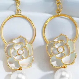 Estailo fashion Gold Plated Artificial Stones Studded & Pearls Beaded Floral Drop Earrings-image-54