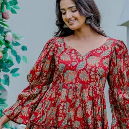 Deeps Fashion Floral Print Puff Sleeve A-Line Dress-picture-30