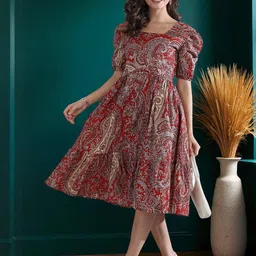 Tzelynn Women Ethnic Motif Printed Puff Sleeve Fit & Flare Dress image 2