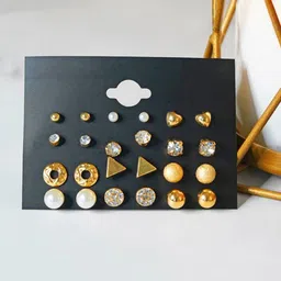 PolluxCraft Set of 12 Gold-Plated Stones Studded And Beaded Circular Shaped Korean Studs-picture-24