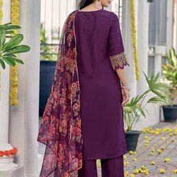 KALINI Women Ethnic Motifs Embroidered Regular Kurta with Trousers & With Dupatta image 3