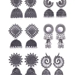MEENAZ Set Of 6 Silver-Plated Stones Studded & Beaded Floral Shaped Oxidised Jhumkas-picture-27