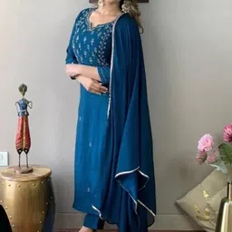 KALINI Women Ethnic Motifs Embroidered Regular Thread Work Pure Cotton Kurta with Trousers & With Dupatta-picture-12