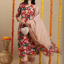 GoSriKi Floral Printed V-Neck Straight Kurta With Trousers & Dupatta-picture-30