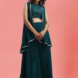 PARROT CREATION Sweta Embroidered Halter Neck Georgette Crop Top With Palazzos & Shrug-picture-23