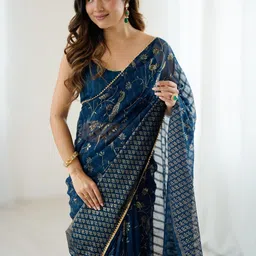 KALINI Blue Printed Poly Georgette Sarees image 2