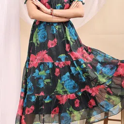 Attire Empire Floral Print Off-Shoulder Puff Sleeve Georgette Fit & Flare Midi Dress image 2
