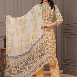 NAVYAAZRI Women Floral Printed Regular Pure Cotton Kurta with Trousers & With Dupatta-picture-19