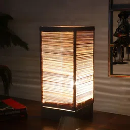 Aura Beige & Off White Textured Wooden Rectangle Shaped Table Lamp image 2