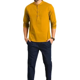 AMRIT TOP WEAR Men Solid Mandarin Collar Long Sleeves Straight Short Kurta image 3