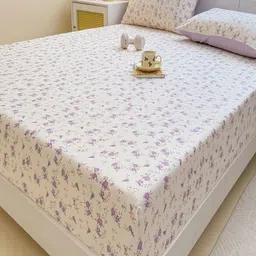 JC HOME Cream & Purple Floral Printed 140 TC Fitted King Size Bedsheet Set 1.80 m x 2.0 m image 4