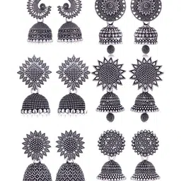 DIVASTRI Set Of 6 Silver- Plated Oxidised Dome Shaped Jhumkas-image-61
