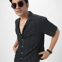 Urbano Fashion Men Cuban Collar Textured Cotton Casual Shirt-image-85