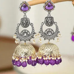 MEIRA JEWELLERY Silver-Plated Stones Studded & Beaded Oxidised Dome Shaped Jhumkas image 3