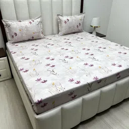 Pure Decor Purple & White Ethnic Motifs 400 TC King Bedsheet with 2 Pillow Covers image 1