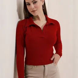 Maheshvi Women Ribbed Shirt Collar Fitted Top image 4