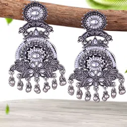 MEENAZ Silver-Plated Oxidised Stone Studded & Beaded Contemporary Shaped Drop Earrings-image-20
