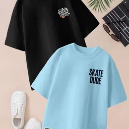 BAESD Boys Pack Of 2 Typography Printed Drop-Shoulder Sleeve Oversized Pure Cotton Tshirts-picture-18