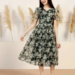 BAESD Floral Print V-Neck Puff Sleeve Fit & Flare Midi Dress-image-56