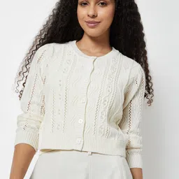 max Women Cable Knit Crop Cardigan with Applique Detail-picture-24