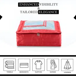 Aura Red & Transparent 12 Pieces Frill Top Window Satin Saree Bag Organisers image 4