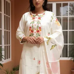 Indo Era Floral Embroidered Thread Work Straight Kurta With Trousers & Dupatta-picture-32