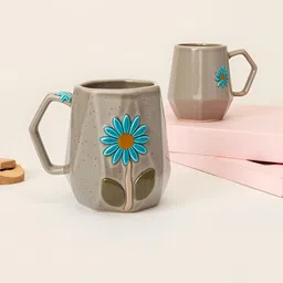 Kraftlik Handicraft Set of 2 Handmade Flower Painted Textured Ceramic Glossy Mugs image 3