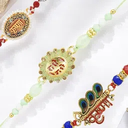 MEIRA JEWELLERY Set Of 3 Radha Krishna Rakhis With Greeting card & Roli Chawal-picture-31