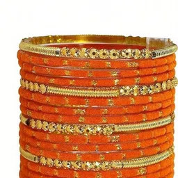 Adiba Fashion Factory Orange Glass Artificial Stones & Beads Bangle image 2